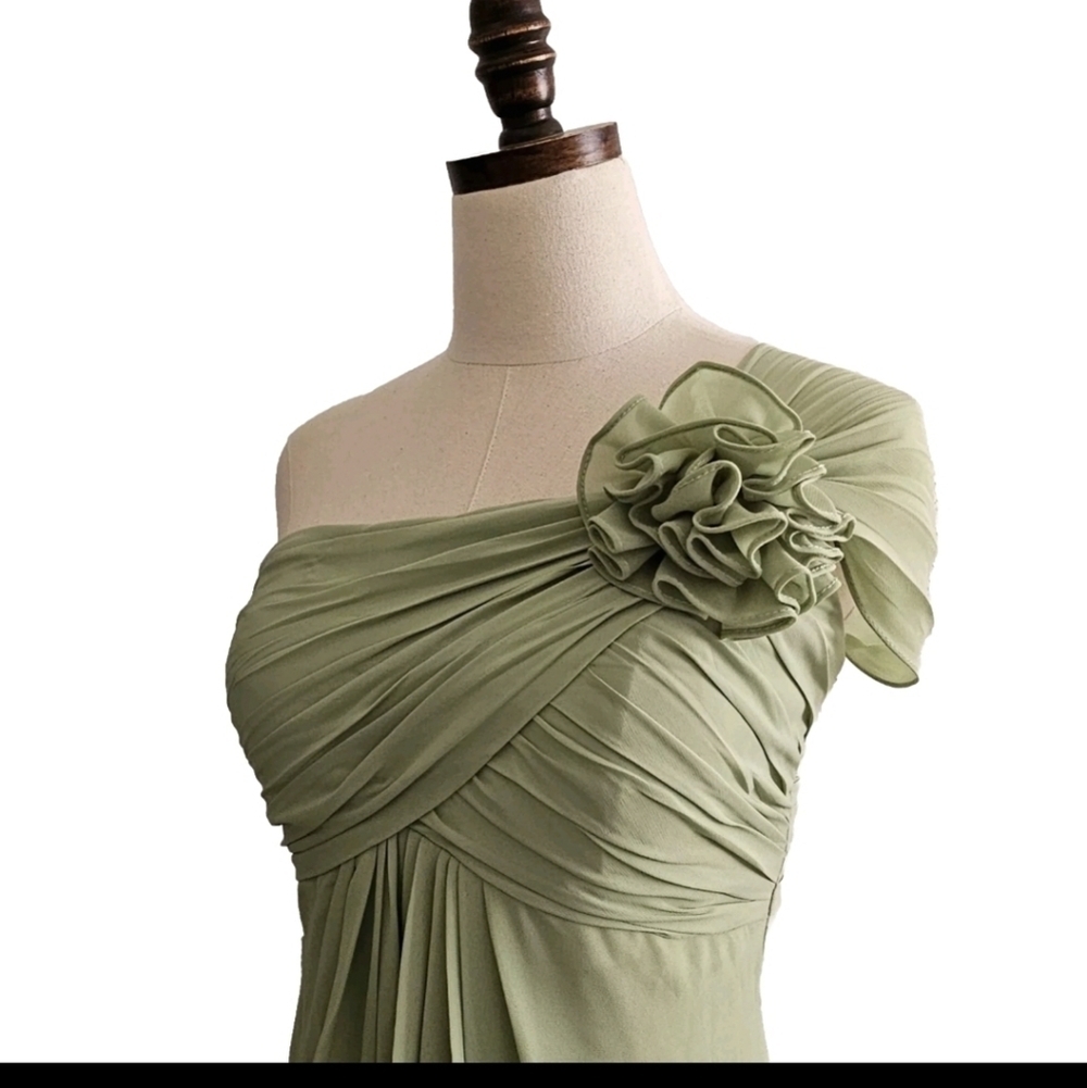 Light Green Chiffon Bridesmaids Prom Cocktail Gala One Shoulder Maxi Dress - Picture 5 of 14